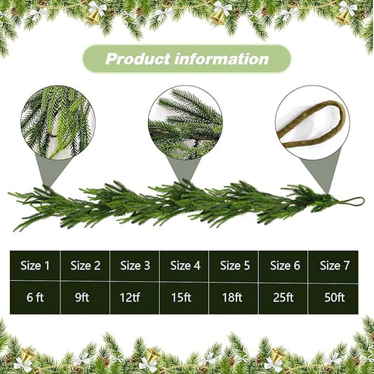 12ft Christmas Garland Table Garland Real Touch Norfolk Pine Garland, Artificial Faux Greenery Garlands for Wedding Mantle Indoor Home Decor Xmas Holiday Seasonal