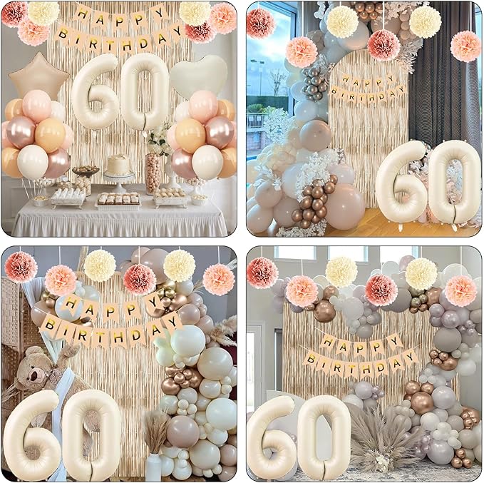 Beige 60th Birthday Decorations for Women Cream Number 60 Balloon Nude Gold Happy Birthday Banner Fringe Curtain Paper Pom Poms Blush White Sand Champagne Star Foil Balloons Neutral Boho Party Decor