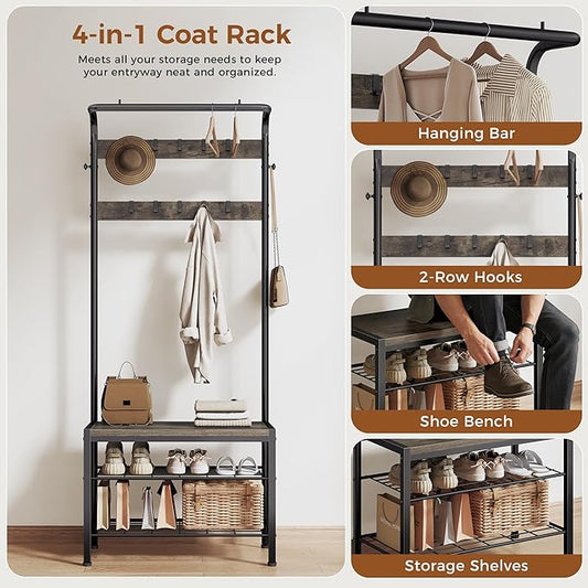 DUMOS Hall Tree with Shoe Bench and Coat Rack, Entryway Bench with Shoe Storage and Hooks, 4-in-1 Coat and Shoe Rack for Entryway, Mudroom Storage Organizer with Shelves, Grey