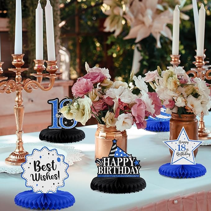Happy 18th Birthday Decorations,18th Birthday Blue Glitter Shiny Stand Honeycomb Table Centerpieces - Cheers to Eighteen Years Old Birthday Party Photoprop Gift Sign.