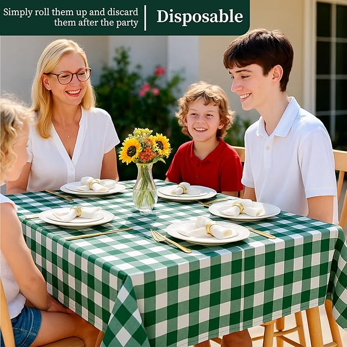 3 Packs Green and White Checkered Tablecloth 54x108 Inches Rectangle Gingham Tablecloth Disposable Plastic Waterproof Table Cover for Outdoor Picnic Kitchen and Birthday Party