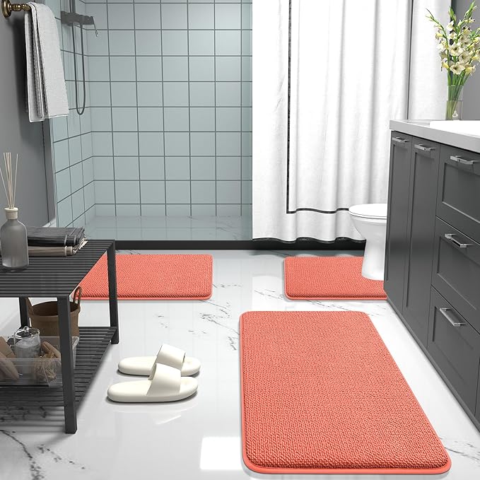 OLANLY Thick Memory Foam Bath Mat Rug 24x16, Extra Soft Absorbent Bathroom Rug, Quick Dry Bath Mats, Non-Slip, Machine Washable Carpet for Bathroom, Tub and Shower, Home Decor Accessories, Coral