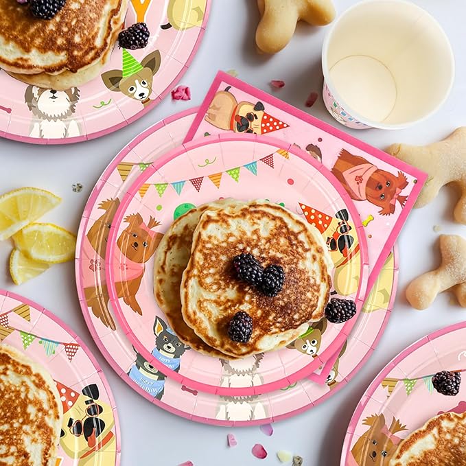96pcs Kids Birthday Party Disposable Tableware Set Pink Pet Dog Pattern for 24 Guests Party Supplies Round Platesļ¼Include Plates, Cups and Napkinsļ¼
