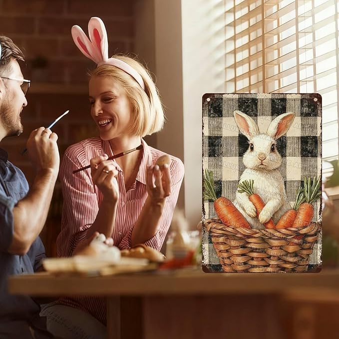 Charming Easter Bunny Metal Sign Vintage Checkered Basket Carrot Design Rustic Country Wall Art For Living Room Kitchen Office Spring Decor 8x12Inch