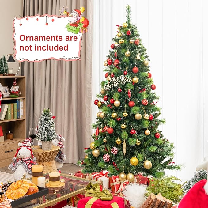 GOFLAME 6FT Pre-Lit Christmas Tree, Hinged Artificial Xmas Tree with Pine Needles, 670 Branch Tips, 28 Clusters of Red Berries, 300 LED Lights, 9 Lighting Modes, 4 Brightness, Remote Control & Timer