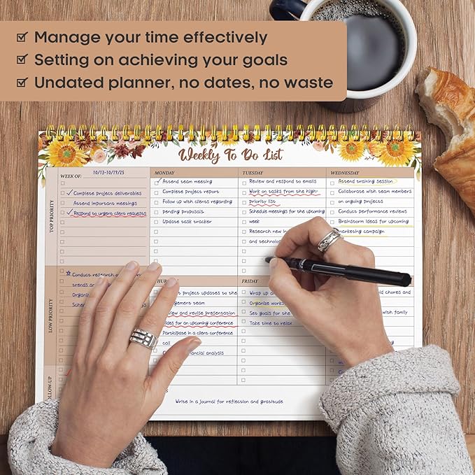 Taja Weekly To Do List Notepad with 52 Undated Sheets(8.5"×11")- Weekly Desk Planner for Women & Man, Work and Home - 1 Pack Golden Sunflower