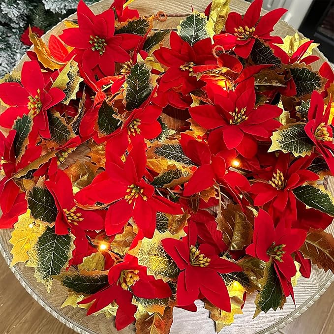 Glintoper 2 Pack Christmas Poinsettia Garland, 9 FT Lighted Artificial Garlands with Red Flowers, Battery Operated with Timer Poinsettia String Lights, Light up for Xmas New Year Holiday Home Decor