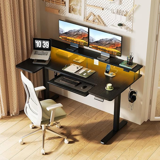 OffiGo U Shaped Electric Standing Desk with Keyboard Tray, 55 Inch Height Adjustable Desk with Power Outlets & LED Lights, Sit Stand Table with Monitor Stand for Home, Office, Black