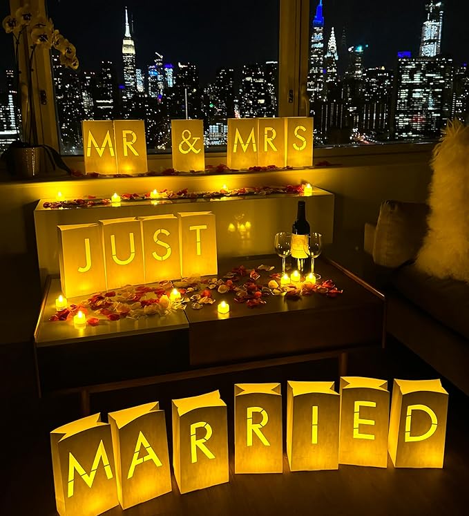 Just Married Light Up Letters with Tea Lights, Candles and Rose Petals - Luminary Paper Bags for Just Married Banner and Decorations
