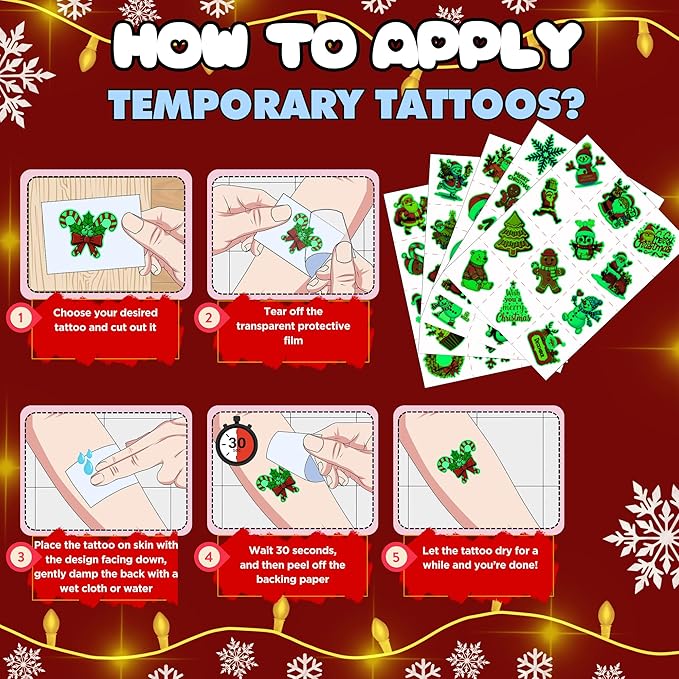 Luminous Christmas Temporary Tattoos - 60Pcs Glow In Dark Christmas Decorations Stickers Xmas Party Decor Party Favors Supplies Accessories Craft Winter Reindeer Penguin Gift Idea For Kids Youth Adult