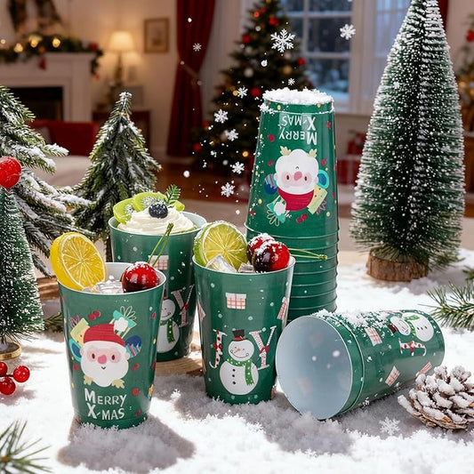 I00000 50Pcs 12oz Snowman Pattern Design Christmas Plastic Cups, Premium Disposable Cups, Green Xmas Party Cup with Santa Claus Pattern Design, Perfect for Christmas Party