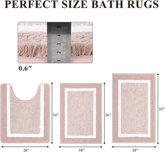 Pauwer Bathroom Rugs Sets 3 Piece Bathroom Shower Rugs with U-Shaped Contour Toilet Mat Absorbent Microfiber Plush Bath Mats Non Slip Bath Rugs Machine Washable Shaggy Bathroom Floor Mats, Dusty Pink