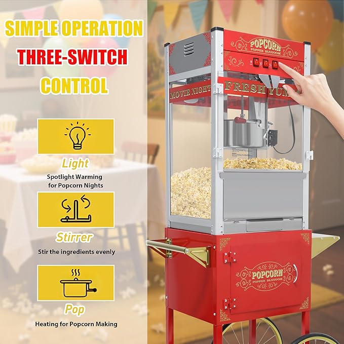 Commercial 20 Oz Popcorn Machine with Cart - 100 Cups, Stainless Steel Kettle, Warming Light - Portable Popper for Home Theater & Parties, Red