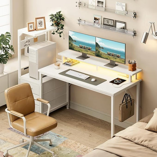 AODK 59 Inch Gaming Desk with USB Charging Ports & LED Light- Reversible Computer Desk with Storage Shelves & Monitor Stand, Modern Gamer Desk Table with Fabric Drawers & Side Hook, Carbon Fiber White