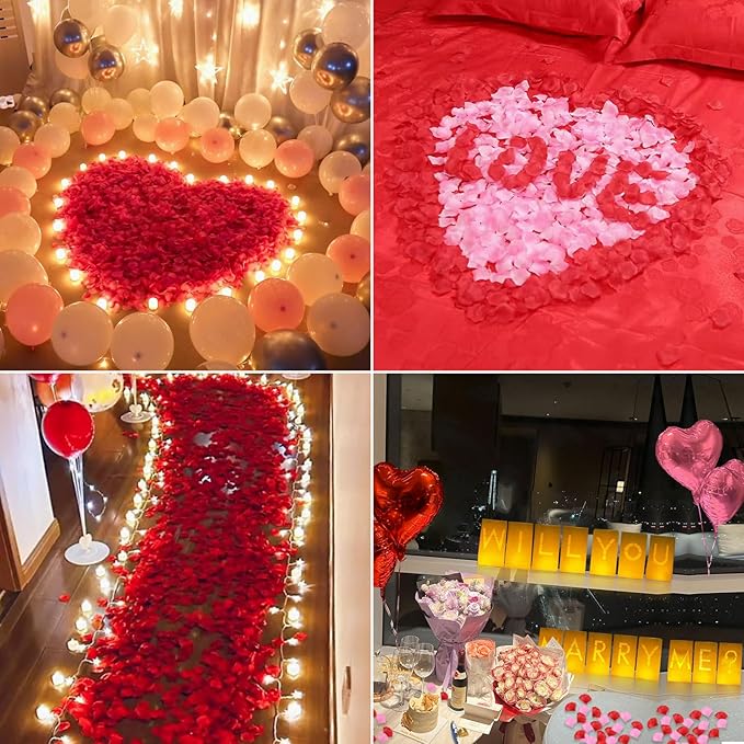 Will You Marry Me Lighted Letters Sign 15pcs Luminary Paper Bags 2200pcs Red Pink Artificial Rose Petals 48pcs Flameless LED Candle Tealight 15pcs Heart Balloons Romantic Night Valentine's Day