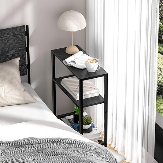 Narrow Side Table Set of 2 for Small Space, 2-Tier Small End Table with Shelf Holder, Slim Nightstand, Skinny Snack Couch Table in Living Room, Bedroom, Study, Kitchen and Balcony (Black)
