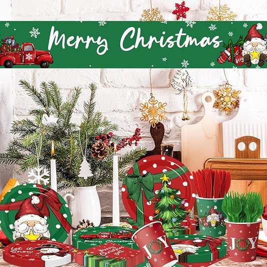 144Pcs Christmas Paper Plates and Napkins Disposable Gnome Snowman Christmas Dinnerware Set Red Green Xmas Dinner Plates Napkins Cups for Holiday Party Supplies Serves 24