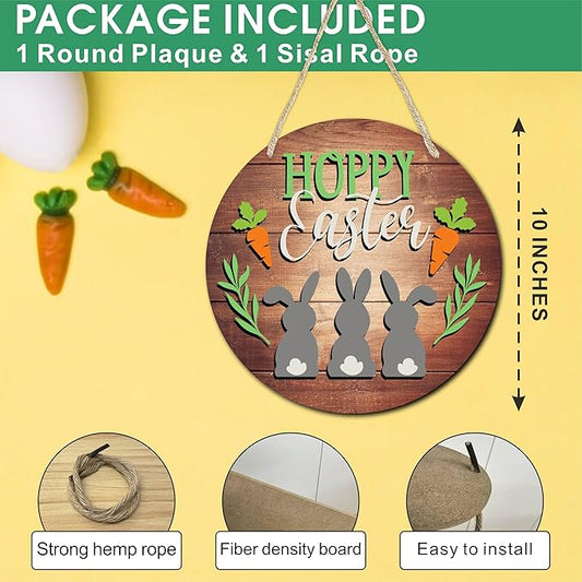 10" Easter Round Wooden Hanging Sign With Sisal Rope - Hoppy Easter - Three Little Bunnies Wooden Plaque For Front Door, Porch, Outdoor Indoor, Farmhouse Wall Decor Party Favor & Decorations - B04