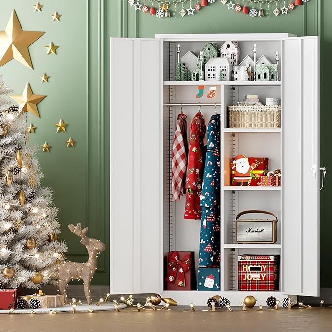INTERGREAT Metal Wardrobe Closet, 72" Locking Storage Wardrobe Cabinet with Doors and Shelves, 18" D x 36" W Steel Clothes Storage Cabinets for Office, Home, School, Gym(White)