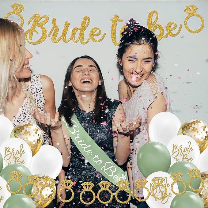 Sage Green Bachelorette Party Decorations, Bride to Be banner, Bridal Shower Decorations with Balloons,Bridal Sash, Paper Pompoms for Bachelorette Engagement Party favors