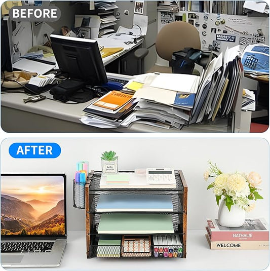 OPNCIE Desk Organizer and Accessories, 4-Tier Paper Letter Tray File Organizer with Drawer & 2 Pen Holder, Office Desk Accessories Workspace Desktop Organizer for Office Supplies(Brown)