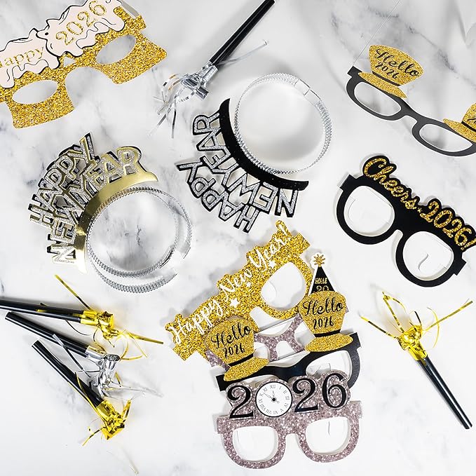36 Pcs New Years Eve Party Supplies 2026 - New Years Decorations Set, Silver Gold Black Happy New Year Headband Tiara Glasses Noise Makers Bulk for Adults Kids New Year's Gifts Party Favors Decor