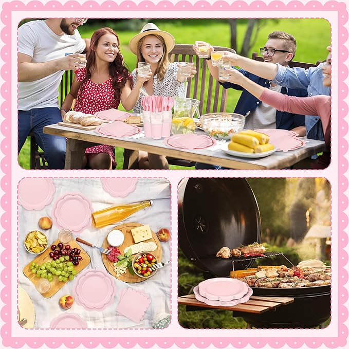 400 Pcs Pink Paper Plates and Napkins Set Party Supplies, Tableware set for 50 Guest include Disposable Pink Scalloped Plates Napkins Knives Forks Spoons Cups for Baby Shower Bridal Shower Wedding