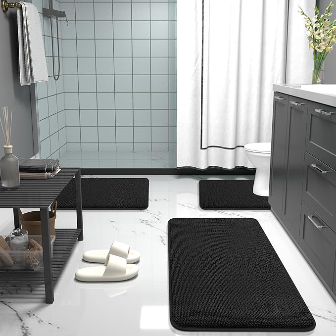 OLANLY Thick Memory Foam Bath Mat Rug 35x24, Extra Soft Absorbent Bathroom Rug, Quick Dry Bath Mats, Non-Slip, Machine Washable Carpet for Bathroom, Tub and Shower, Home Decor Accessories, Black