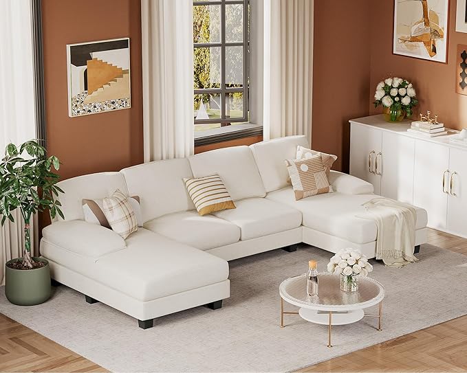 JUMMICO Sectional Couches for Living Room, U Shaped Couch with Chenille Fabric, 4 Seat Modern Sofa with Removable Pillows for Apartment and Small Space (Fabric, White)