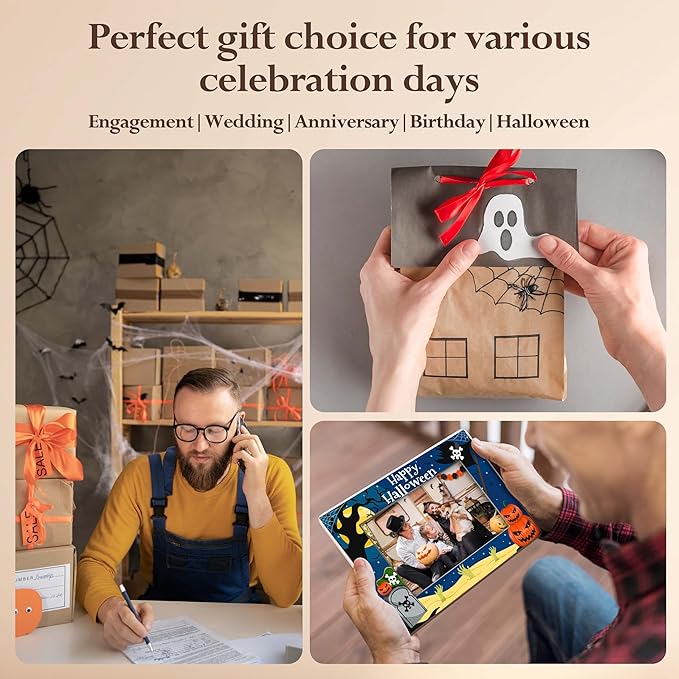 Halloween Picture Frame, 4×6 Pumpkin Wooden Photo Frame for Home Decor Tabletop Display, Spooky Sea Gifts for Family Friends - A04