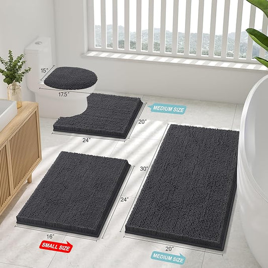Smiry Luxury Chenille Bathroom Rugs 34x21, Extra Soft and Absorbent Shaggy Bath Mat, Machine Washable, Non-Slip Plush Carpet Runner for Tub, Shower, and Floor, Home Decor Accessories, Charcoal Grey
