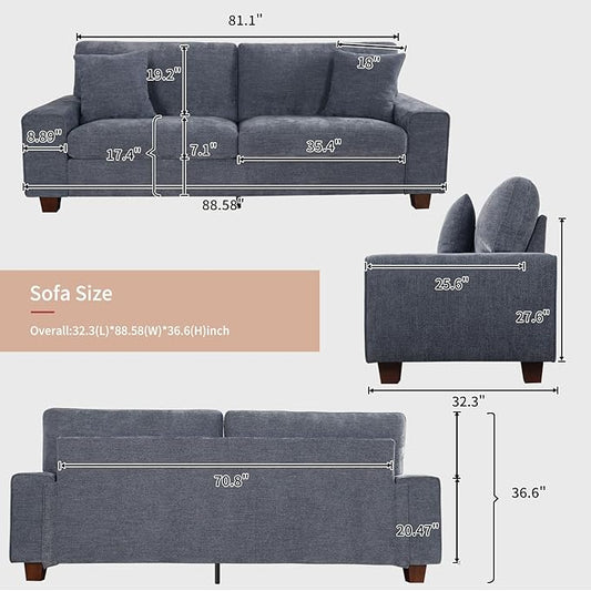 DOPEDIO Modern Loveseat Sofa for Living Room,Chenille Recliner, Removable Cover, Spring Cushions, Solid Wood Frame, Easy Assembly for Small Spaces (88.58inch,Blue)