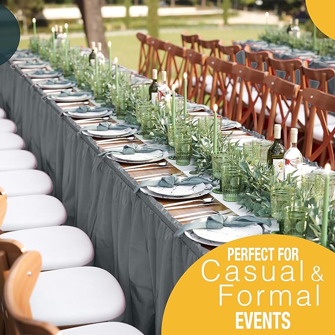 Exquisite Ruffle Table Skirt Silver 2 Pack 14 Ft Long Table Skirts for Rectangle Tables 6ft Plus or Round Tables Skirts with Adhesive Strip for Gender Reveal Decor & Happy Birthday Parties