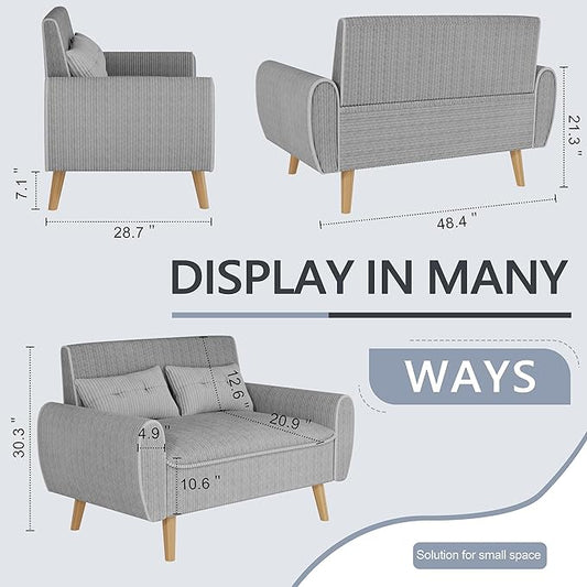 Shintenchi Small Modern Loveseat Couch Sofa, Mid Century Fabric Upholstered 2-Seat Sofa Couch Love Seats Furniture for Small Space,Living Room,Studio,Apartment with 2 Pillows,Light Grey