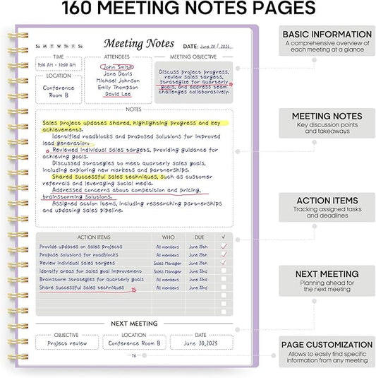Taja Meeting Notebook for Work Organization - Work Planner Notebook with Action Items, Agenda Planner for Note Taking, 160 Pages (6.9" X 9.9") Project Organizer for Men & Women - Lavender