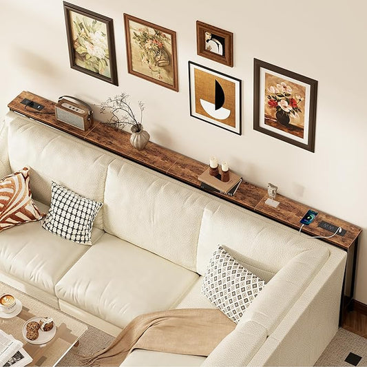 SUPERJARE 110.2 Inch Sofa Table with Power Outlets and USB-C Ports, 5.9 Inch Narrow Console Tables, Entryway Hallway Couch Tables with Storage, Behind Sofa, Small Spaces, Living Room, Rustic Brown