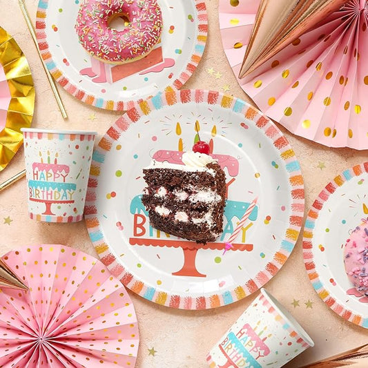 100pcs Birthday Party Plates Disposable Tableware Set Birthday Cake Pattern for 25 Guests Kid's Party Table Supplies(Include Plates, Cups and Napkins)
