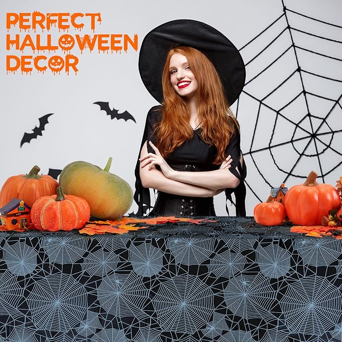Halloween Tablecloth - 2-Pack Disposable Spider Web Plastic Table Covers, 54 x 108 Inches - Halloween Party Decorations