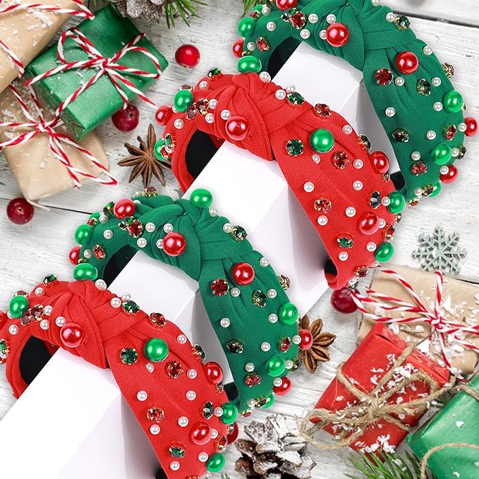 2 Pcs Christmas Headbands for Women Pearl Rhinestone Knot Headband Xmas Crystal Jeweled Hair Band Bow Wide Top Knotted Headband Christmas Hair Accessories Holiday Party Outfits(Pearl Rhinestone)