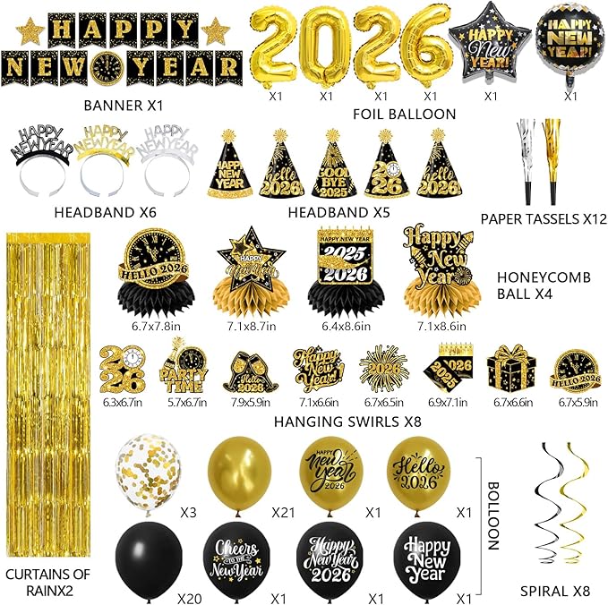 New Years Eve Party Supplies 2026,Black Gold 2026 Happy New Years Decorations Set,happy New Year Banner,Hat,New Year Hanging Swirls,Headband Tiara,Foil Balloons,Curtain,Honeycpmb for Nye Decor