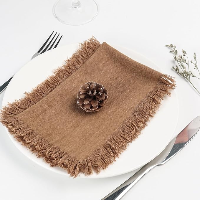 Handmade Cloth Napkins with Fringe,18 x 18 Inches Cotton Linen Napkins Set of 4 Versatile Handmade Square Rustic Fringe Napkins for Dinner, Wedding and Parties, Taupe