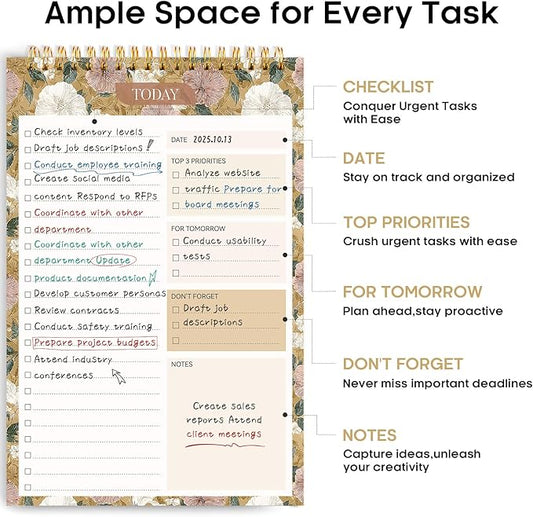 Taja To Do List Notepad - To Do List Notebook for Work with 52 Sheets, 9.8" x 6.5", Undated Daily Planner Perfect for Daily Tasks and Goal Setting, Notepad Suitable for Office, Home & School - Toffee Blossom