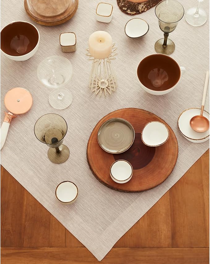 Solino Home Light Natural Linen Tablecloth 52 x 52 Inch - 100% Pure Linen Square Table Throw - Athena, Machine Washable Tablecloth for Fall, Autumn, Holiday