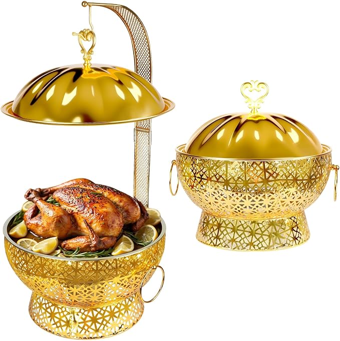 8QT Golden Chafing Dishes for Buffet, Round Stainless Steel Chafing Dish Set for Parties, Christmas Gatherings, Home, Catering Events Complete Buffet Warmer Colder Set (2)