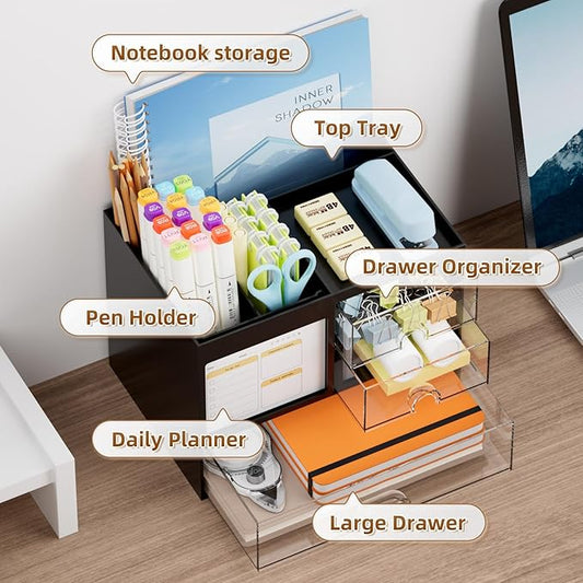 Marbrasse Desk Organizer with 3 Drawer, Multi-Functional Pencil Pen Holder for Desk, Desk Organizers and Accessories with 4 Compartments, Desktop Organizer Storage for Office Home Art Supplies (Black)