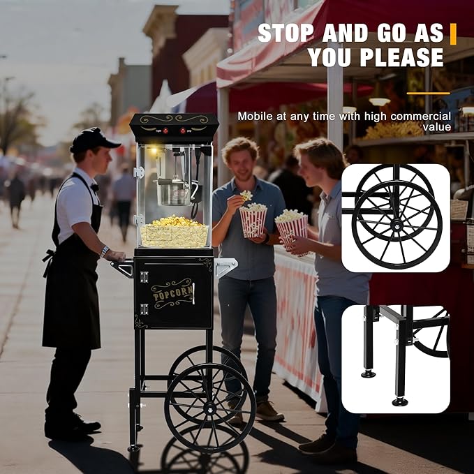 Movie Theater Popcorn Maker Machine, Professional with 8oz Kettle & Cart Makes 32 Cups, Vintage Style on Wheels for Home & Commercial Use, Includes shovel & spoon, Black