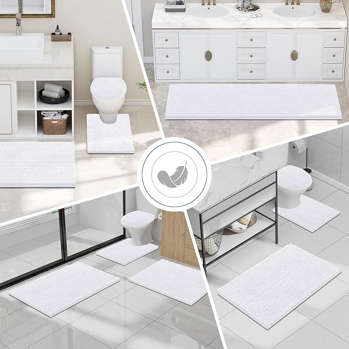 Smiry Luxury Chenille Bathroom Rugs 50x30, Extra Soft and Absorbent Shaggy Bath Mat, Machine Washable, Non-Slip Plush Carpet Runner for Tub, Shower, and Floor, Home Decor Accessories, White