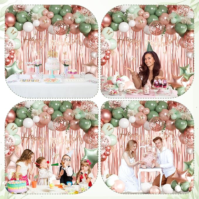 Sage Green and Rose Gold Birthday Party Decorations with Happy Birthday Banner, Green White Rose Gold Foil Balloons, Sash, Fringe Curtain, Cake Topper, Butterfly for Women Girls Party Supplies