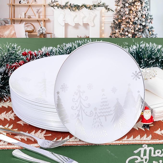 Liacere 175PCS - Silver Christmas tree Plastic Plates-Christmas and Napkins Sets Include 50 Plastic Plates,75 Silver Silverware,25 Cups 25 Napkins