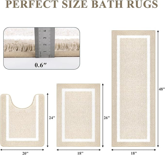 Pauwer Bathroom Rugs Sets 3 Piece Bathroom Shower Rugs with U-Shaped Contour Toilet Mat Absorbent Microfiber Plush Bath Mats Non Slip Bath Rugs Machine Washable Shaggy Bath Floor Mats, Light Beige